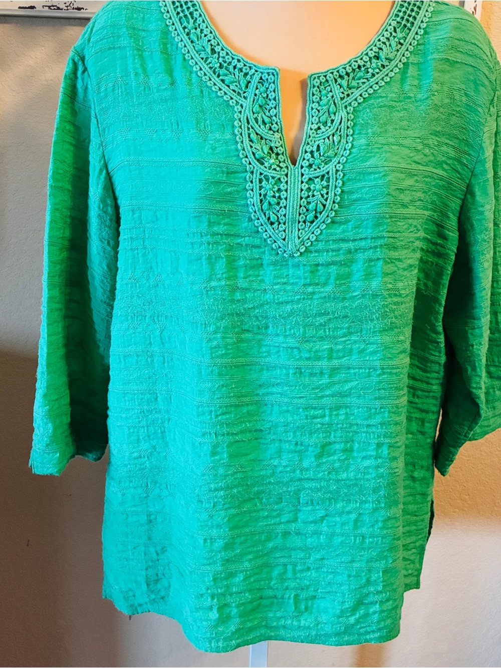 Size:14 Alfred Dunner Teal Green Embroidered Split-Neck Tunic